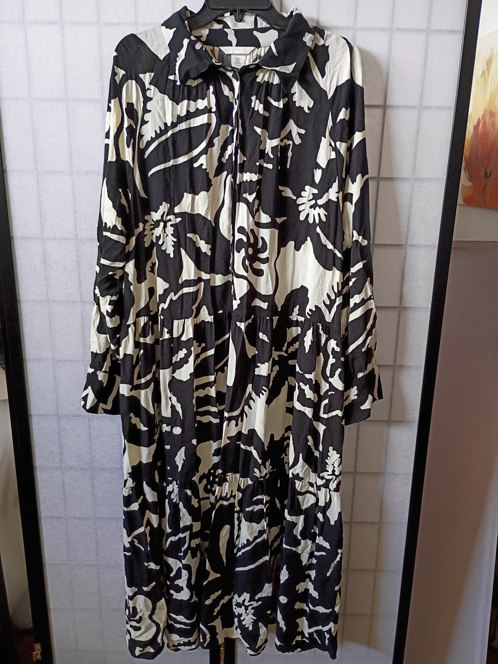 H&M Black and Cream Floral Tiered Long Sleeve Midi Dress